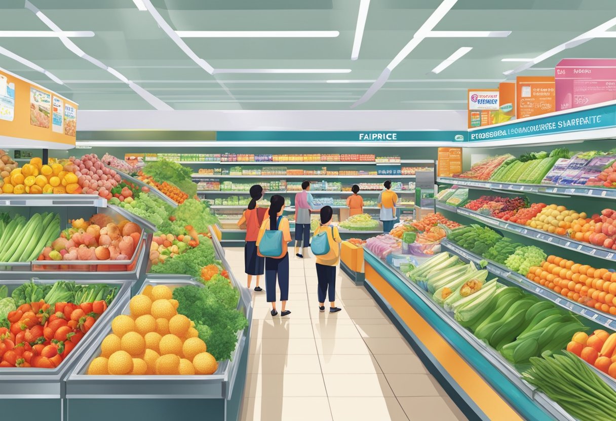 A bustling Fairprice supermarket in Singapore, with colorful displays of fresh produce, shelves stocked with groceries, and customers browsing the aisles