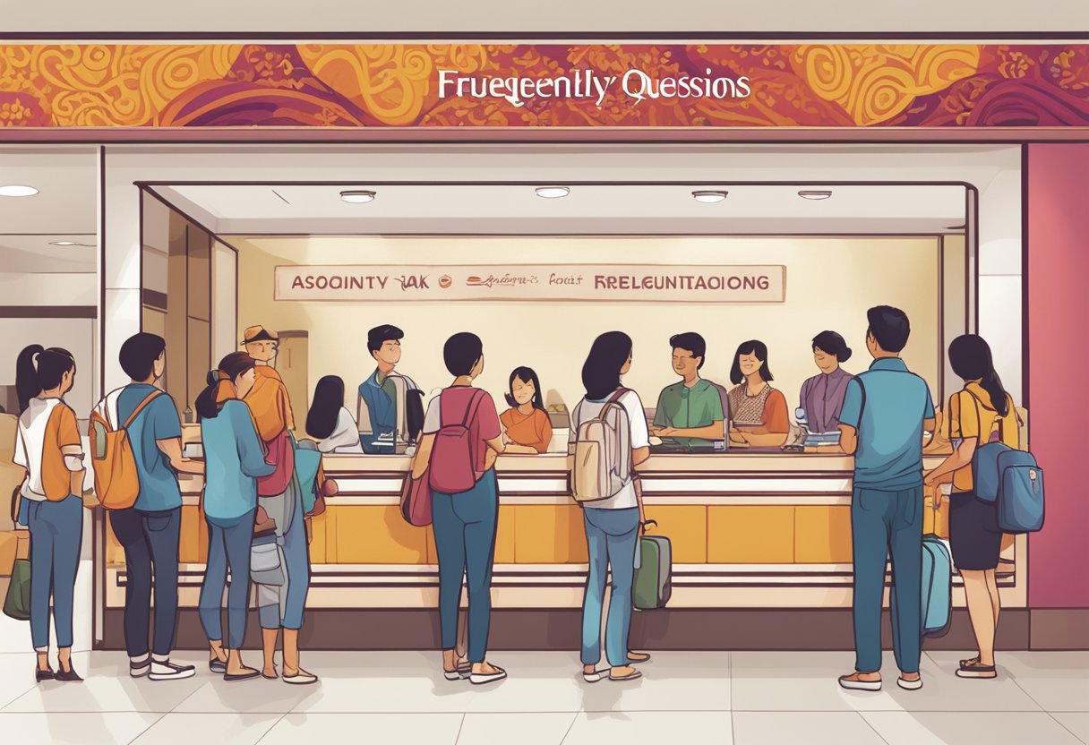 A group of people lining up at a Batik Air Singapore counter, with a sign displaying "Frequently Asked Questions" prominently