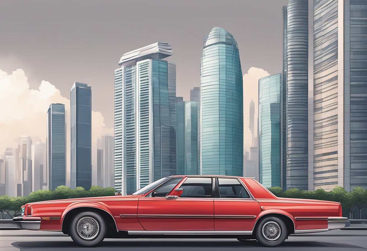 A red Carro Singapore vehicle parked in a modern urban setting with skyscrapers in the background