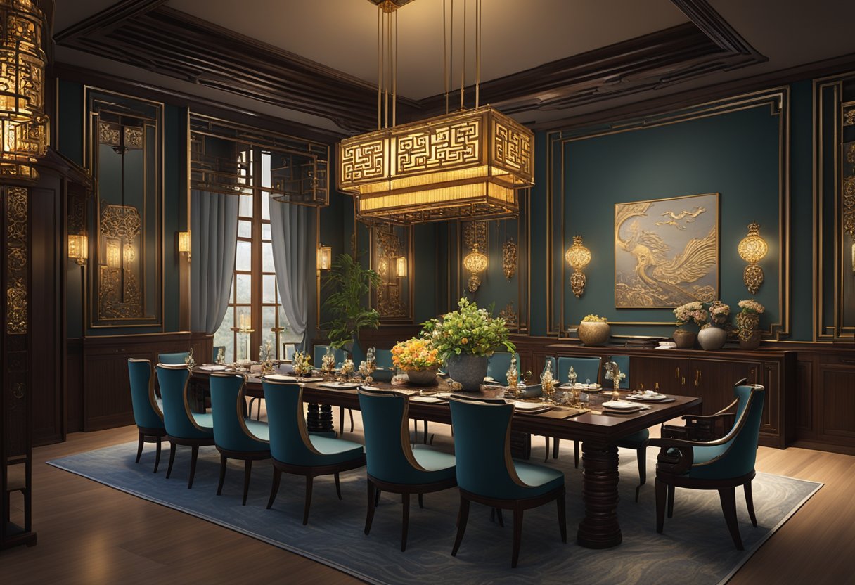 A lavish dining room with modern Chinese decor and intricate wooden carvings, dimly lit by elegant chandeliers
