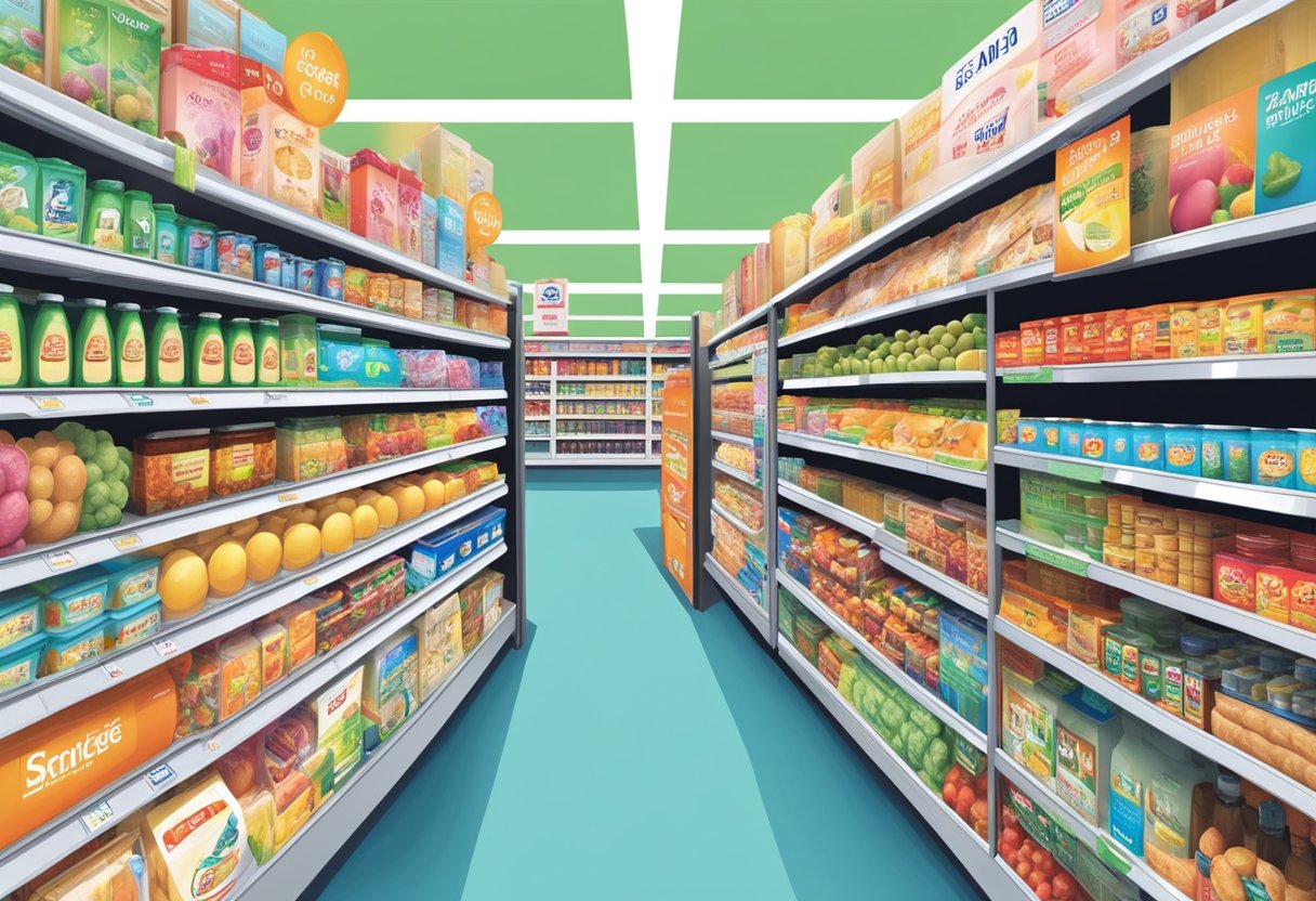 Customers browsing aisles, selecting products, and chatting with staff at FairPrice supermarket in Singapore. Bright, organized shelves and colorful displays create a lively shopping atmosphere