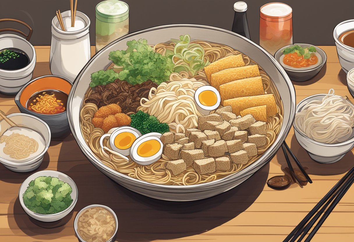 A steaming bowl of ramen sits on a wooden table in a bustling Singaporean eatery, surrounded by chopsticks and condiments