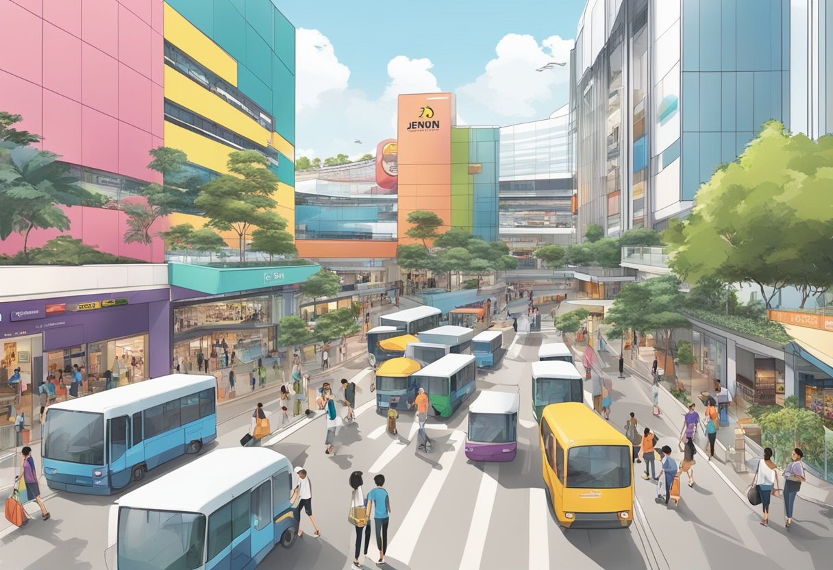 A bustling street in Jurong Gateway, Singapore, with a prominent sign for JEM shopping mall and people walking by