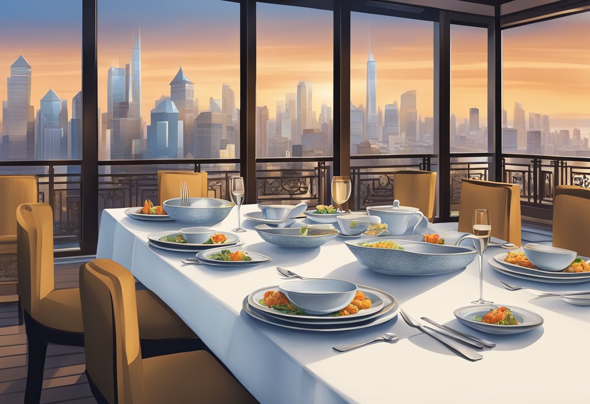 A table set with elegant dinnerware, surrounded by vibrant Asian-inspired decor, with a view of the bustling city skyline through the restaurant's floor-to-ceiling windows