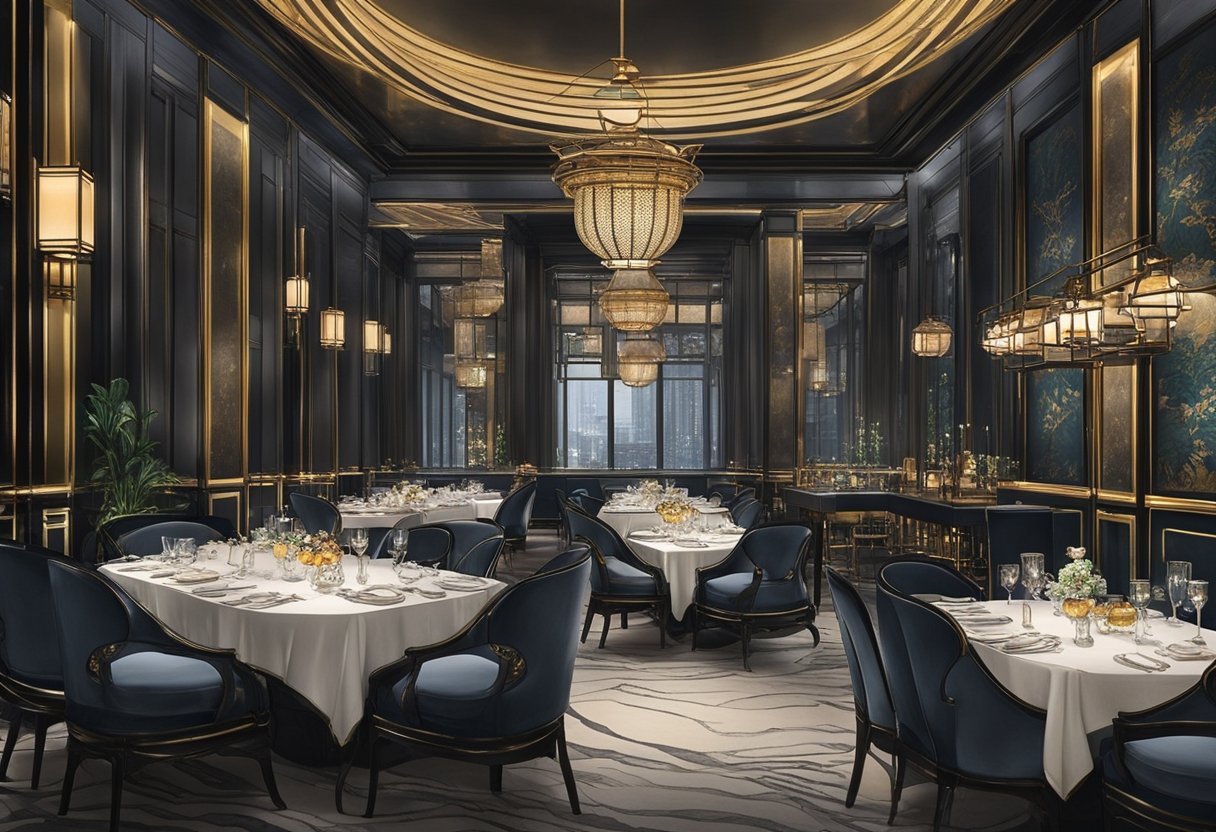The elegant dining room at Mott 32 Singapore exudes a luxurious ambience with dim lighting, opulent decor, and a mix of modern and traditional Chinese elements. The tables are set with fine china and gleaming silverware, creating a sophisticated