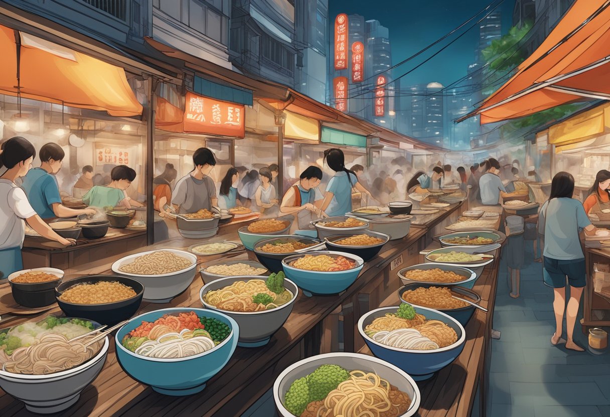 A table filled with bowls of steaming ramen, each with different toppings and noodles, surrounded by bustling Singaporean street food stalls