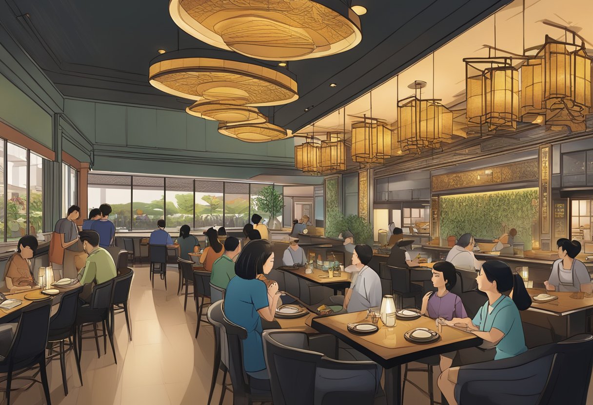A bustling restaurant with modern Asian decor, dim lighting, and a prominent "Frequently Asked Questions" display