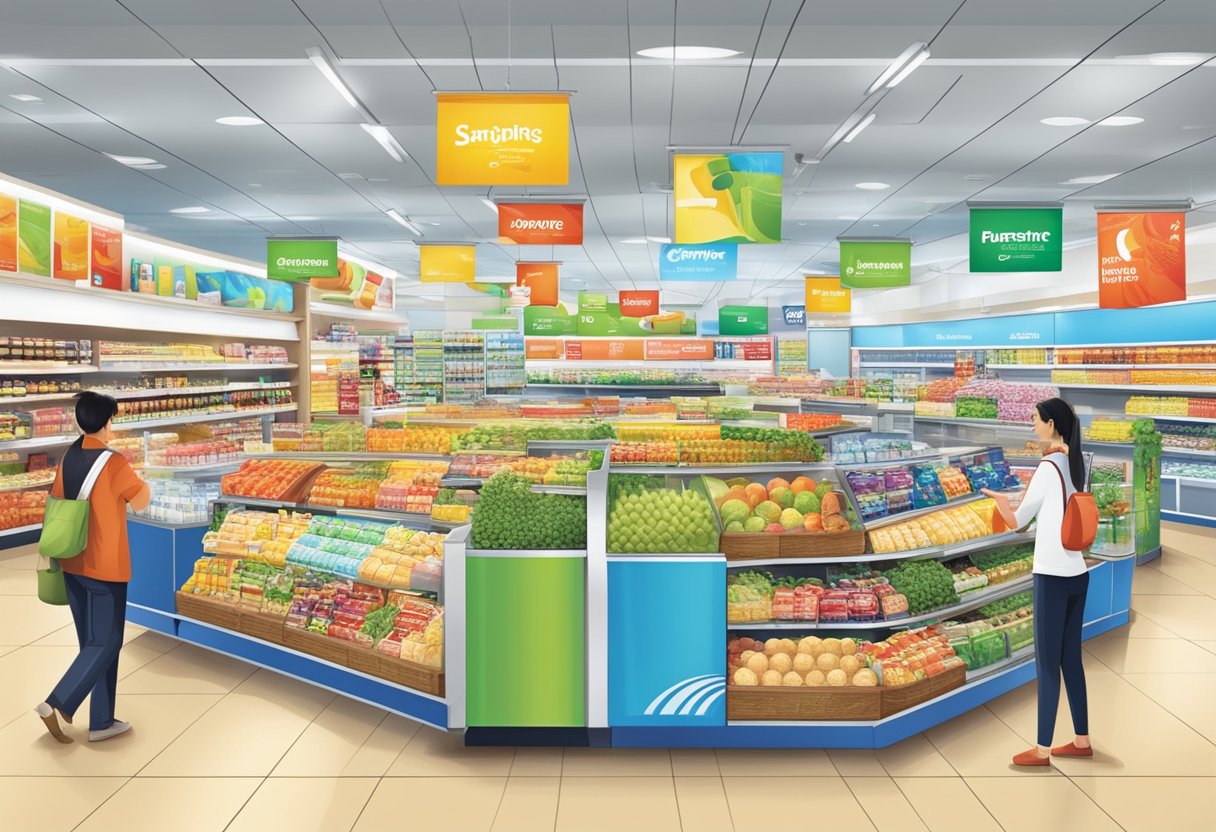 A bustling fairprice store with colorful product displays and promotional banners