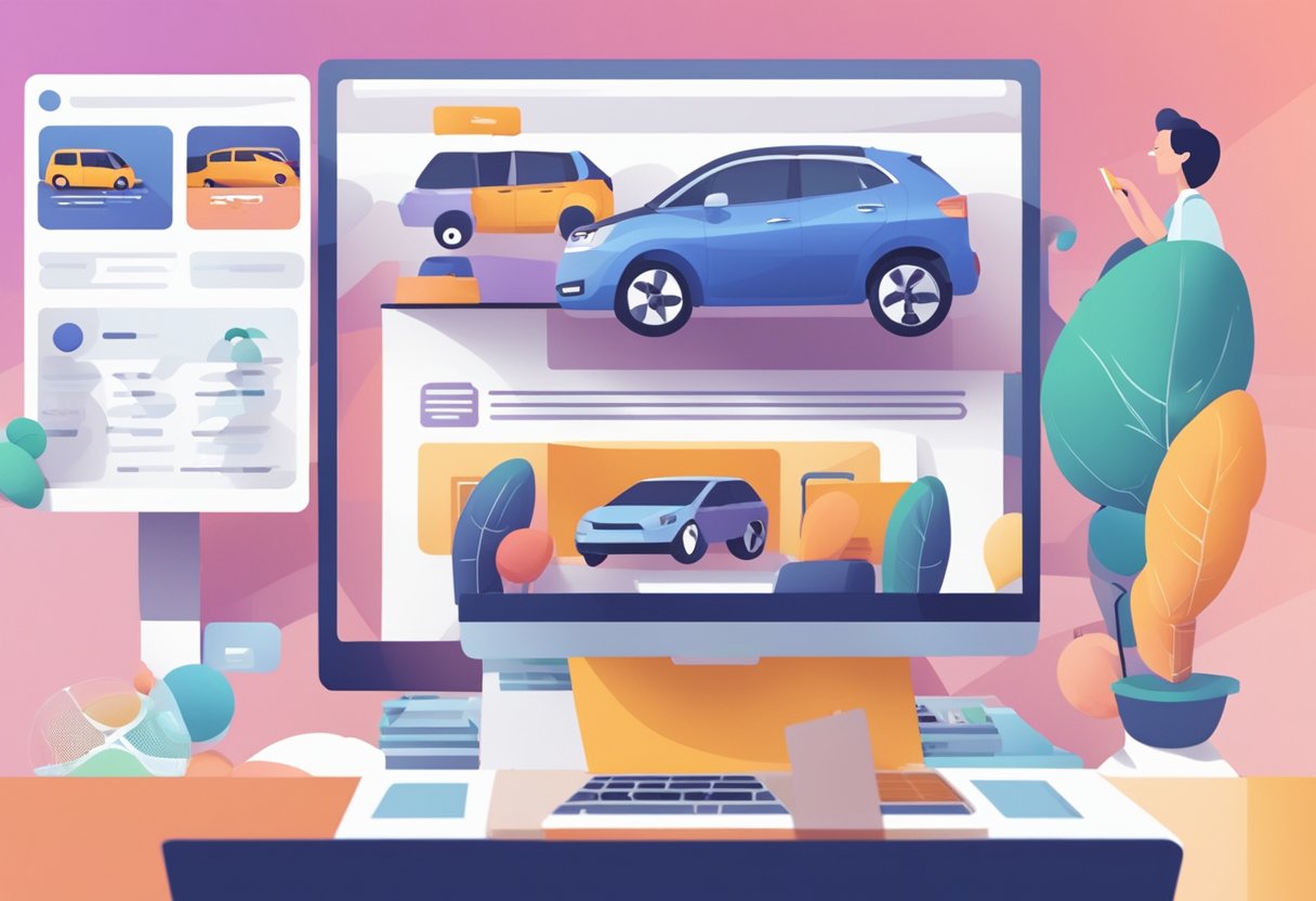 A person browsing Carro's services online, surrounded by car images and information