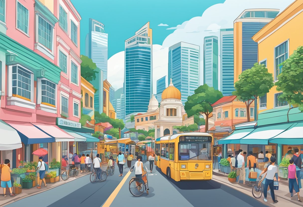 A bustling street in Singapore, with colorful buildings, bustling markets, and iconic landmarks like the Merlion statue and Marina Bay Sands