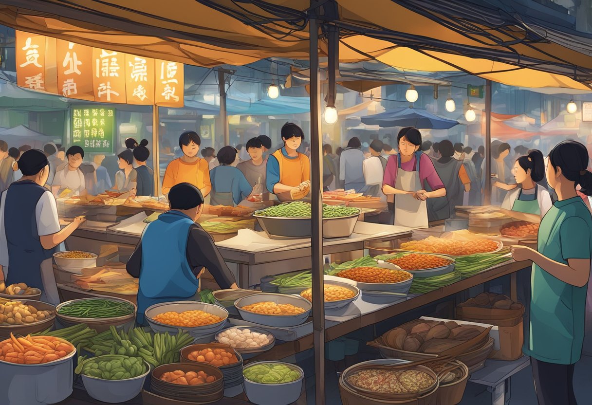 A bustling night market in Taiwan, filled with colorful food stalls and aromatic flavors, with a mix of traditional and modern dishes