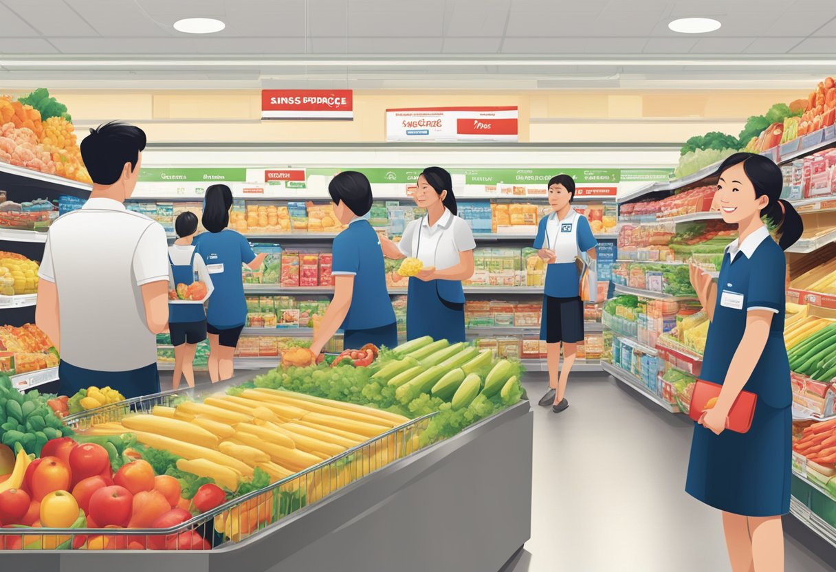 Customers browsing aisles, staff assisting, and signs directing to different sections at the FairPrice Singapore FAQs event