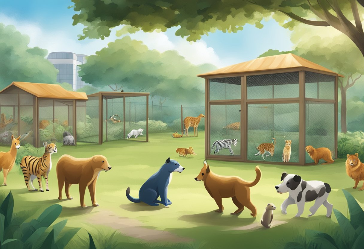 Animals at spca singapore play in open grassy area with sheltered enclosures and toys