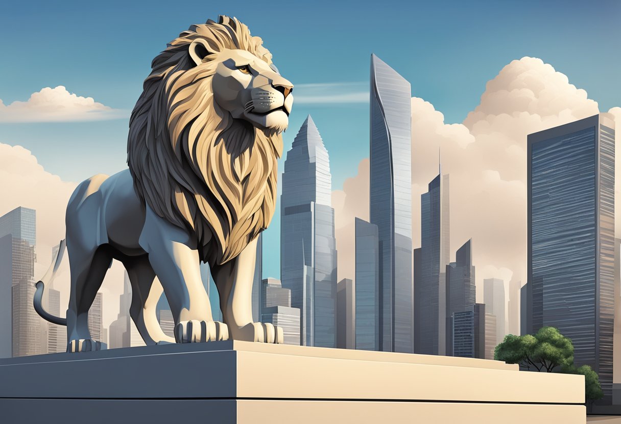 A grand lion statue stands proudly at the entrance of a modern city with towering skyscrapers in the background