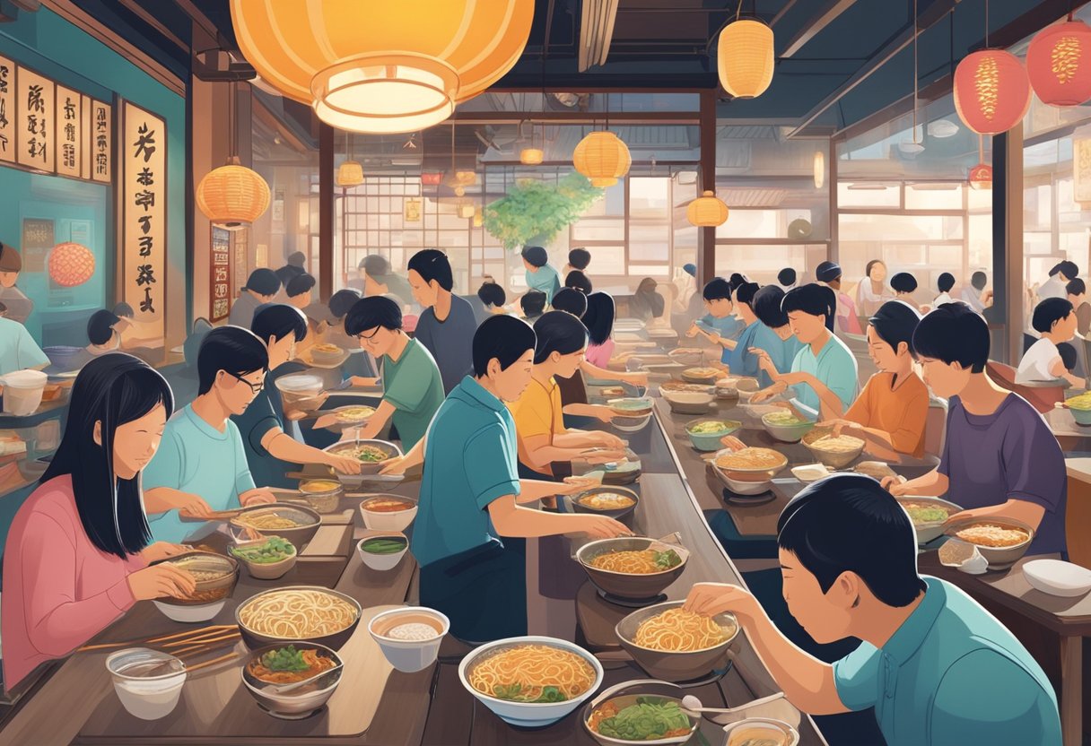 Customers slurping ramen at bustling Singaporean ramen shops, surrounded by steaming bowls, chopsticks, and vibrant decor
