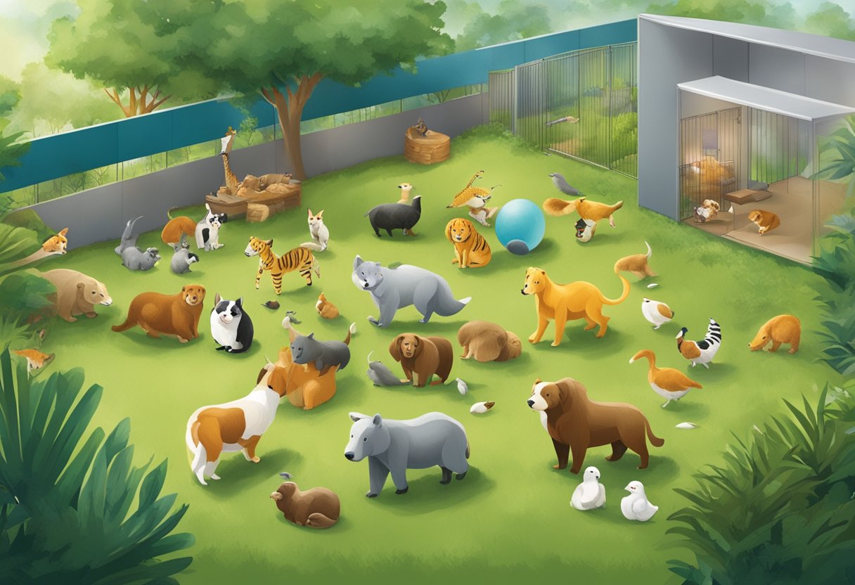 Animals from SPCA Singapore playing in a spacious, grassy enclosure with toys and shelter