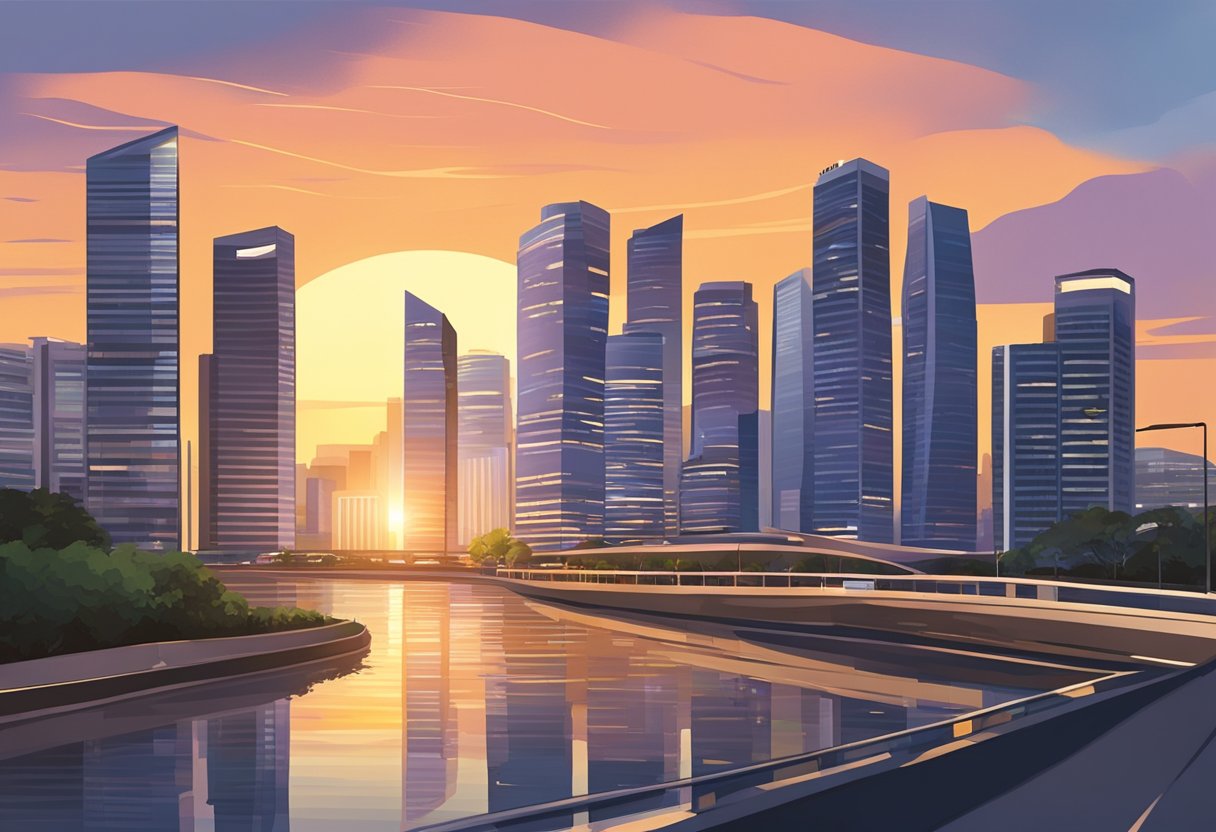 Sunset over Wallich Street with Guoco Tower in Singapore's skyline