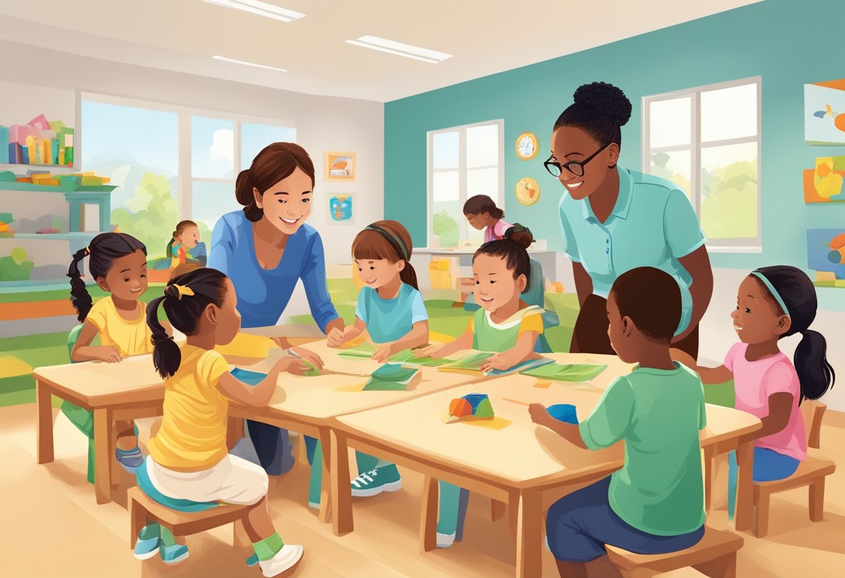 A group of young children engaged in various educational activities, guided by ECDA educators in a bright and welcoming early childhood education setting