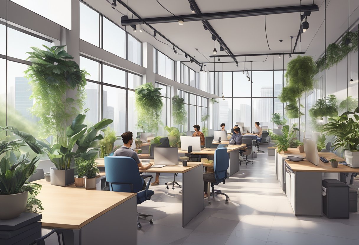 A modern, open-concept coworking space in Singapore, filled with sleek desks, vibrant plants, and natural light pouring in from large windows