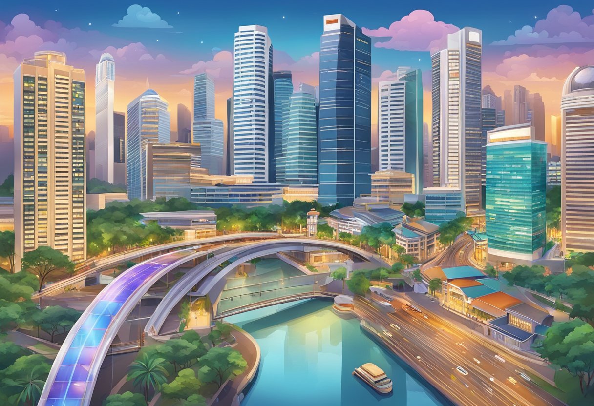 A vibrant cityscape of Singapore with iconic landmarks and bustling streets, capturing the spirit of triumph and success