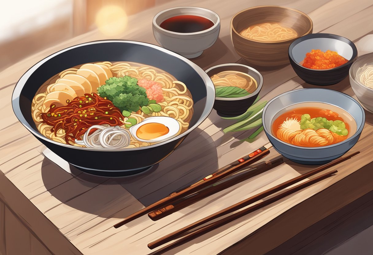 A steaming bowl of ramen sits on a wooden table, surrounded by chopsticks and a small dish of spicy chili paste. The interior of the restaurant is warm and inviting, with soft lighting and traditional Japanese decor