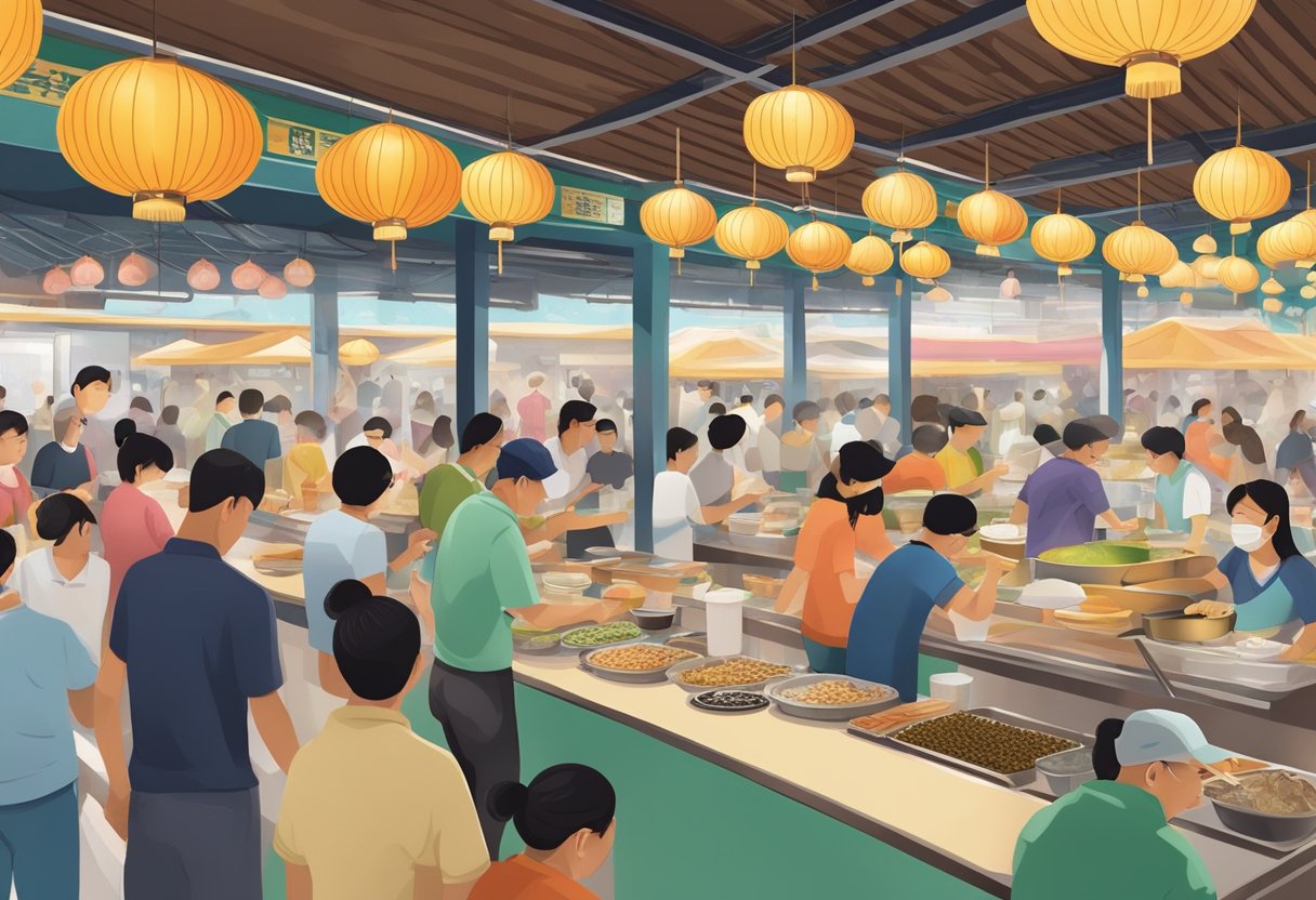 A bustling hawker center with colorful stalls serving up traditional Taiwanese dishes. Aromatic scents fill the air as locals and tourists alike sample xiao long bao, beef noodle soup, and bubble tea