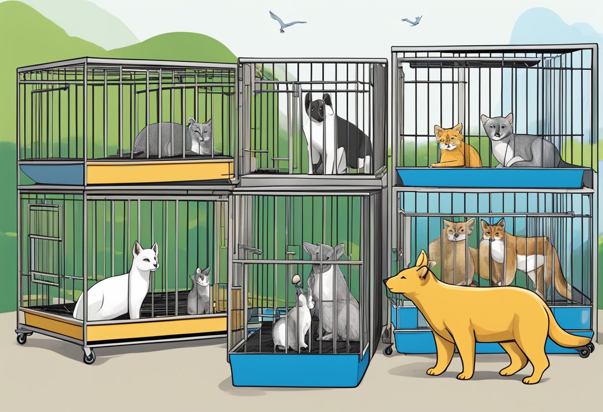 Animals in cages with SPCA Singapore logo, volunteers caring for them, donations box, and educational materials on animal welfare