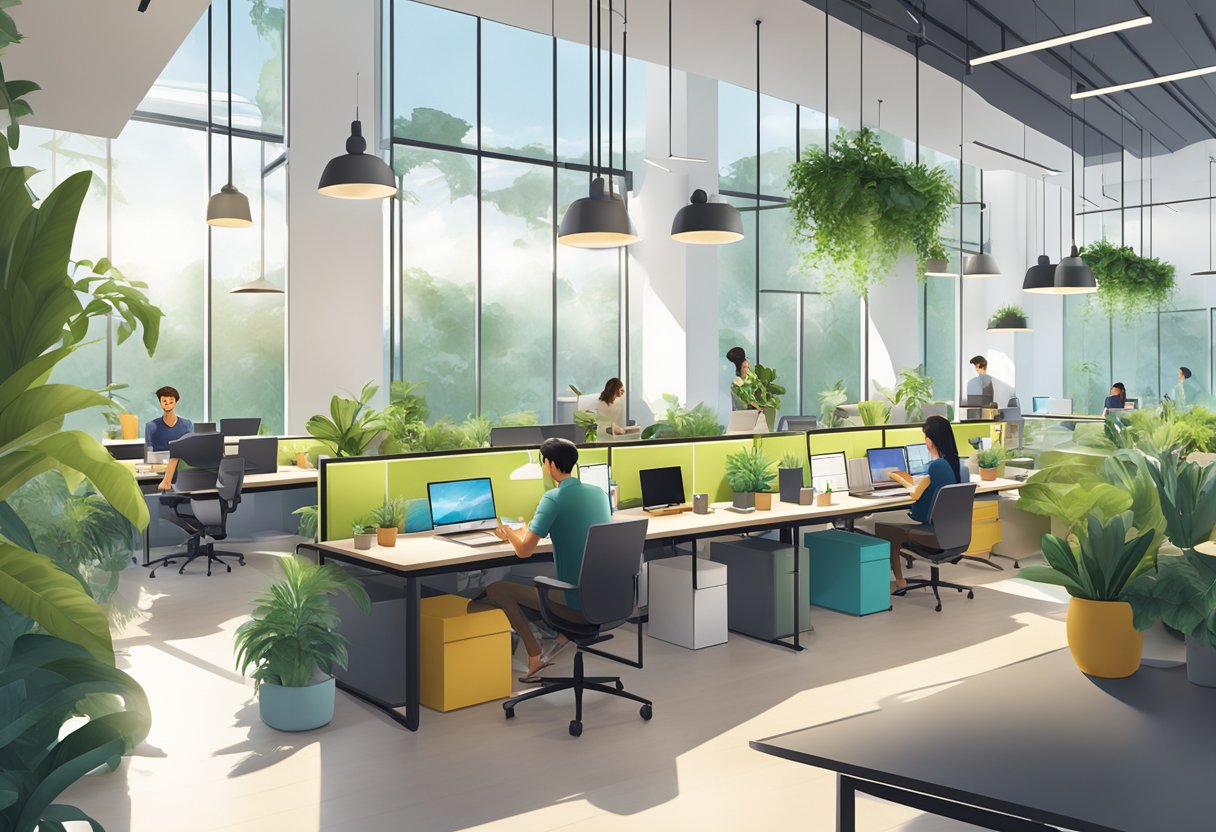 People working at desks in a modern, open-plan coworking space in Singapore. Bright natural light floods the room, and lush green plants add a touch of nature to the contemporary interior design