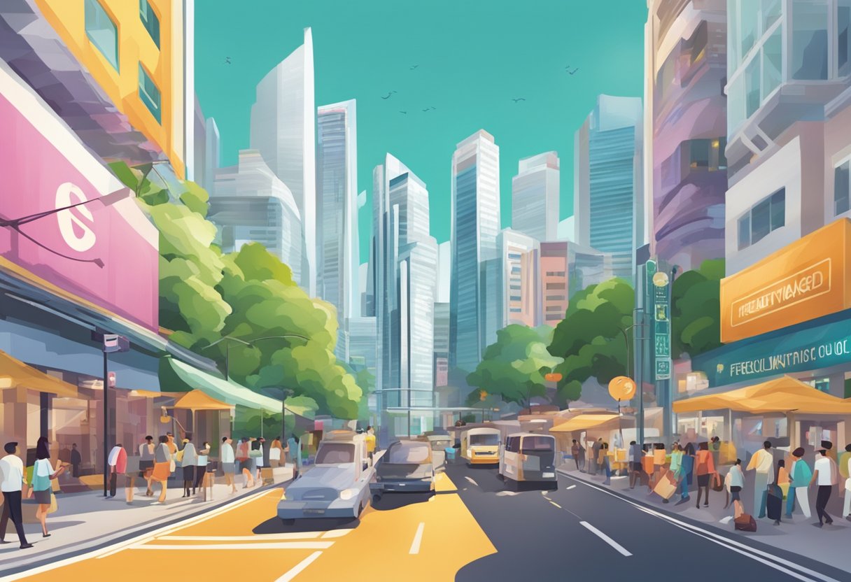 A bustling city street with a prominent sign for "Frequently Asked Questions" and a vibrant atmosphere in Singapore
