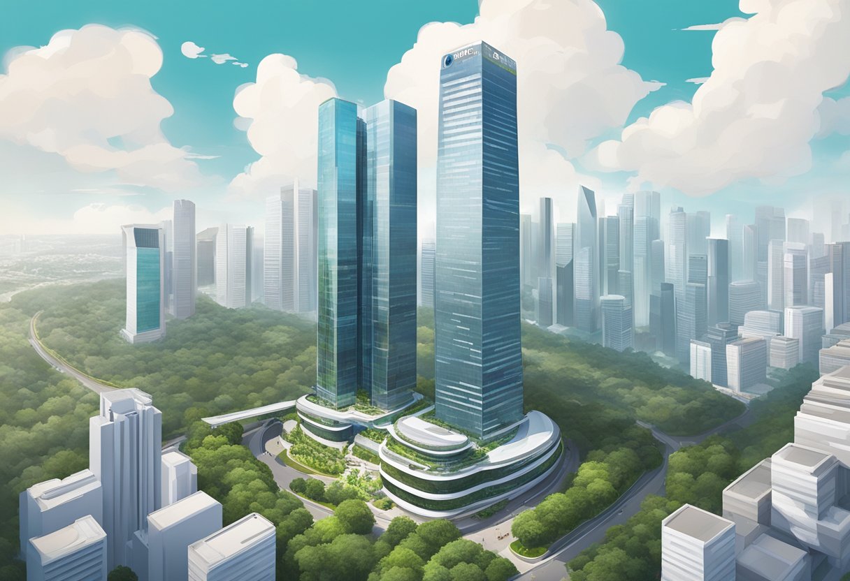 Aerial view of Guoco Tower on Wallich Street, Singapore. Tall, sleek skyscraper surrounded by modern buildings and lush greenery