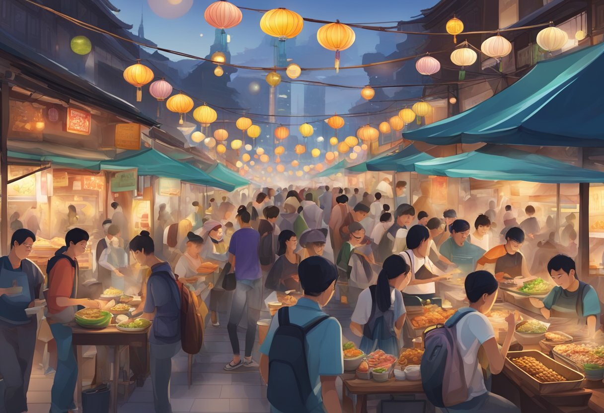 A bustling night market with colorful food stalls, steaming dumplings, sizzling stir-fries, and fragrant bubble tea, surrounded by eager diners
