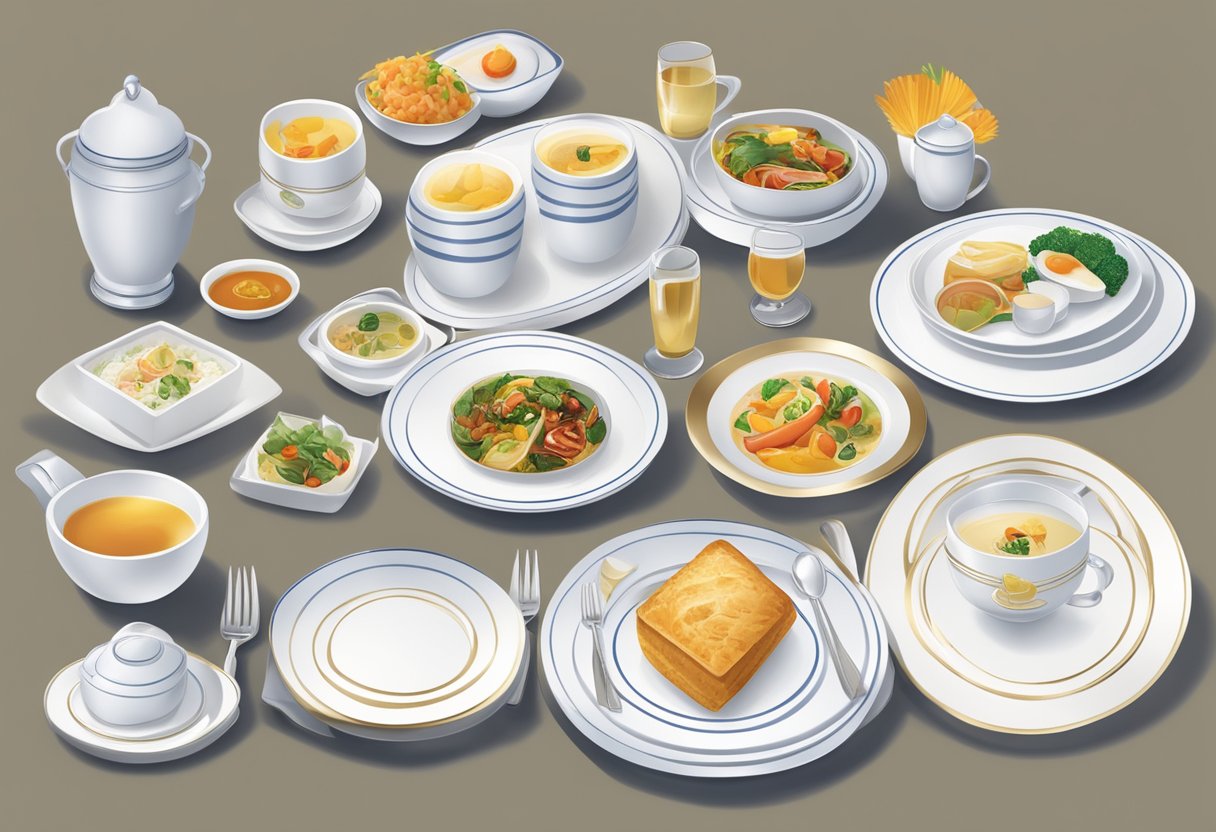 A table set with fine dining ware and a menu displaying "Singapore Airlines Book the Cook" option
