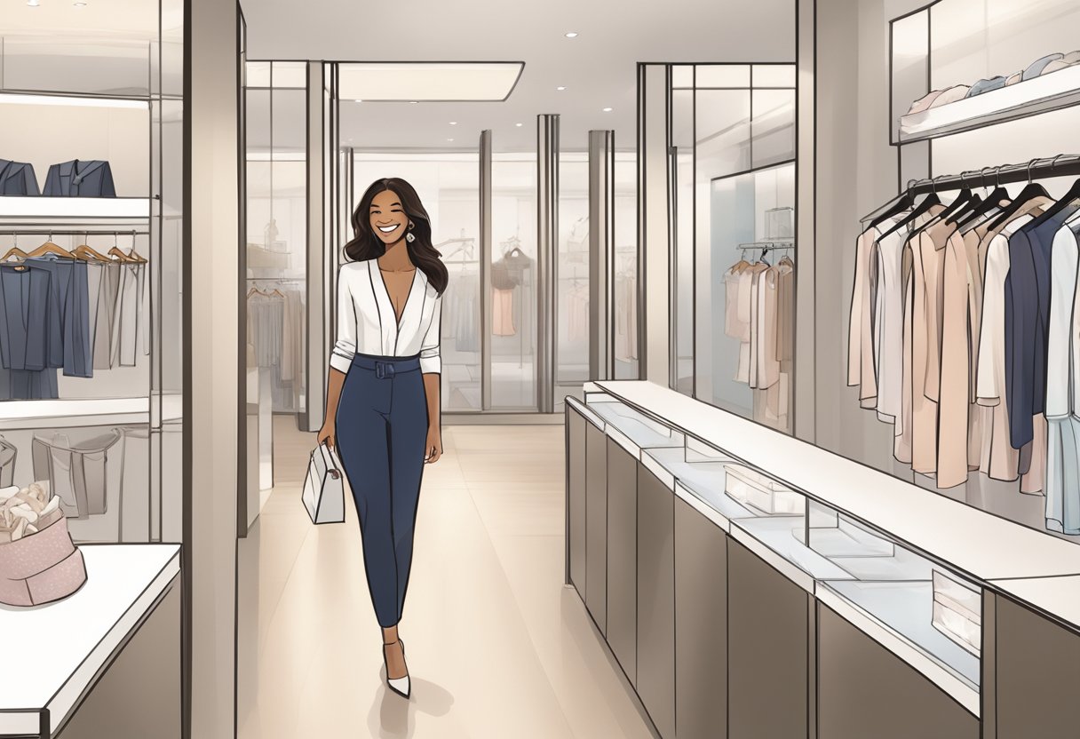 A customer smiling while trying on a Triumph lingerie set in a well-lit and elegant fitting room at a Triumph store in Singapore