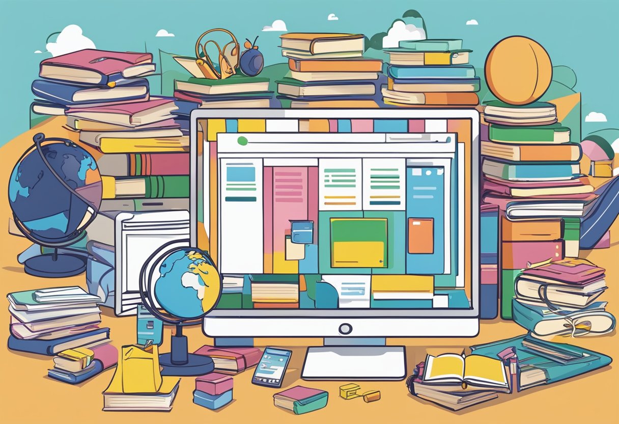 A colorful array of books, toys, and educational materials surround a computer displaying the ECDA Singapore website, providing resources and support for parents and educators