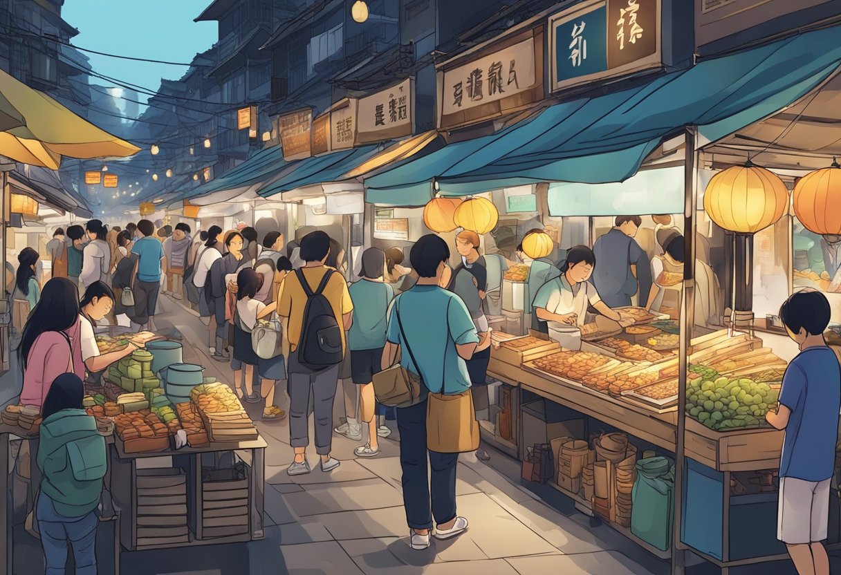 A bustling night market in Taiwan, with vendors selling a variety of delicious street food while customers browse and ask questions