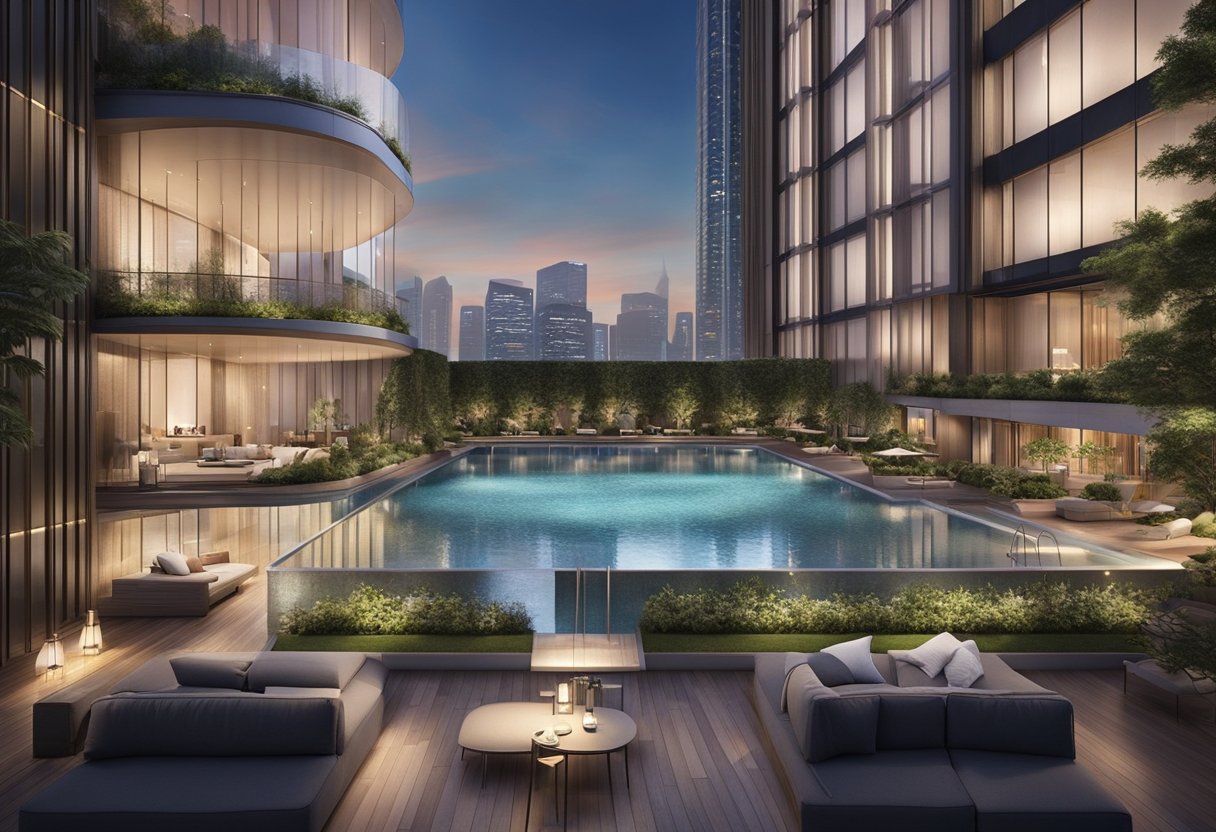 The scene shows a luxurious lifestyle with modern amenities at Wallich Street, Guoco Tower, Singapore. The setting includes high-end facilities and a vibrant urban environment