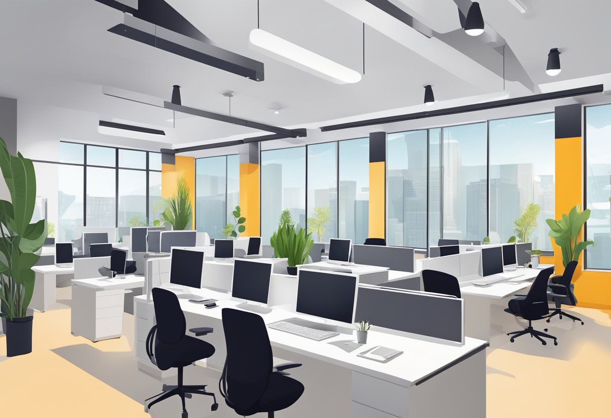 The coworking space is filled with modern amenities and services, including comfortable workstations, high-speed internet, meeting rooms, and a vibrant communal area