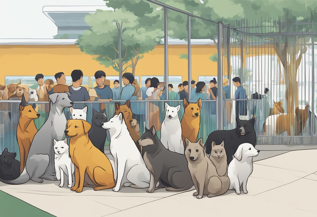 Animals waiting in line at the spca singapore, sign with "Frequently Asked Questions" in the background