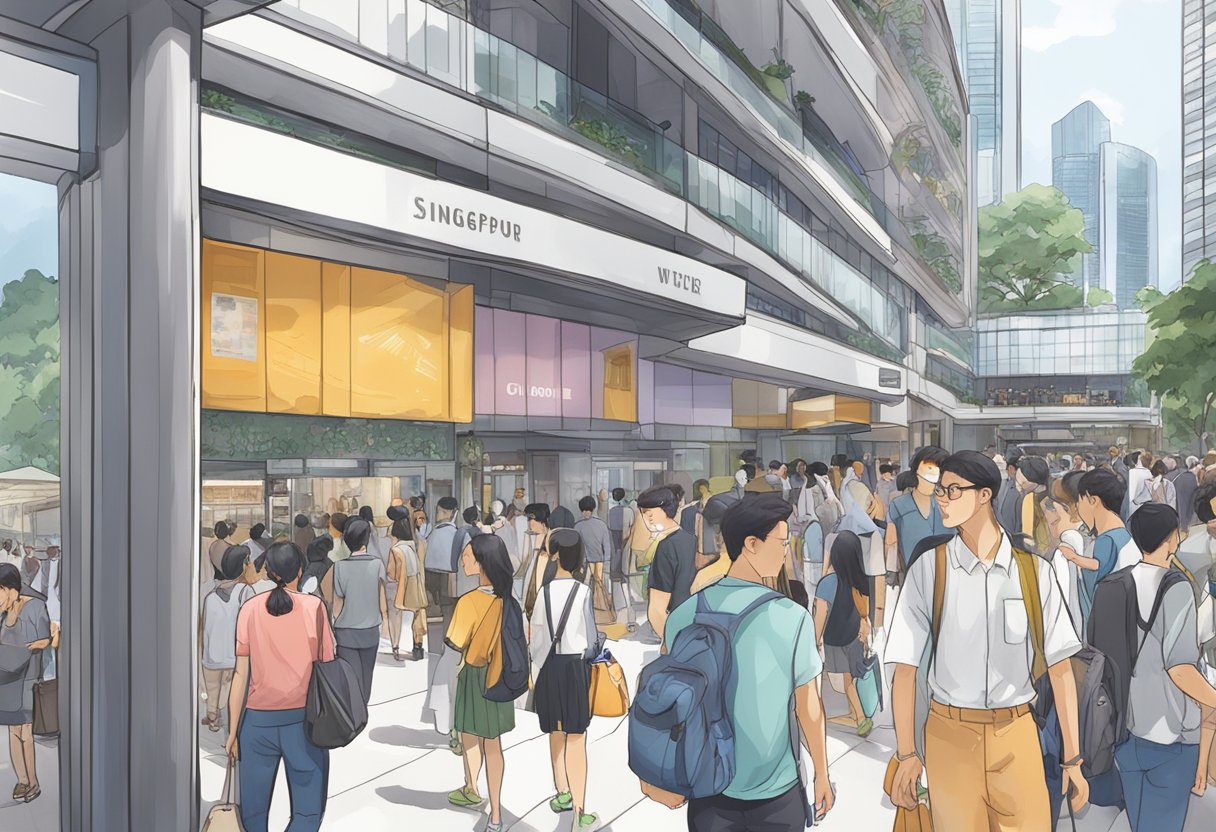 The bustling atmosphere of Wallich Street, Guoco Tower in Singapore, with people seeking information at the Frequently Asked Questions area