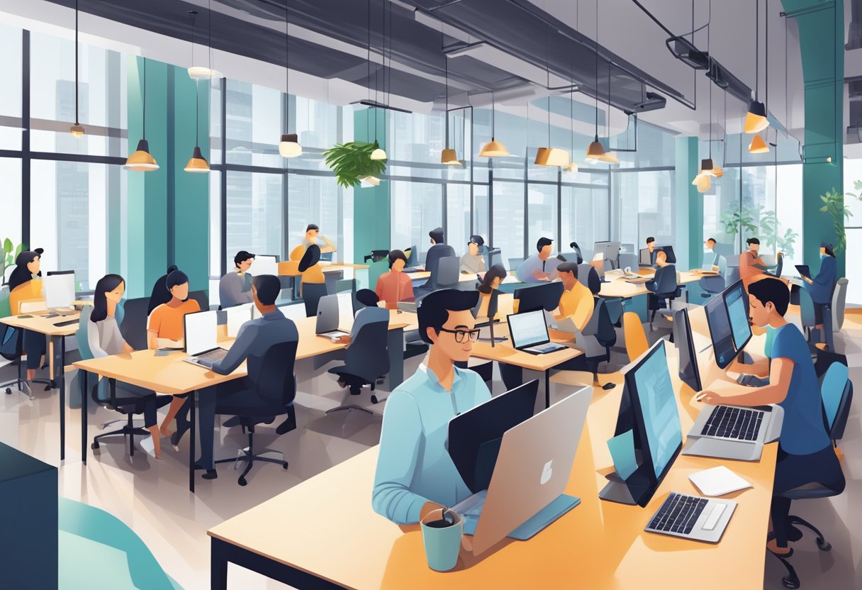 A bustling coworking space in Singapore, with people networking, collaborating, and working independently in a modern and vibrant environment