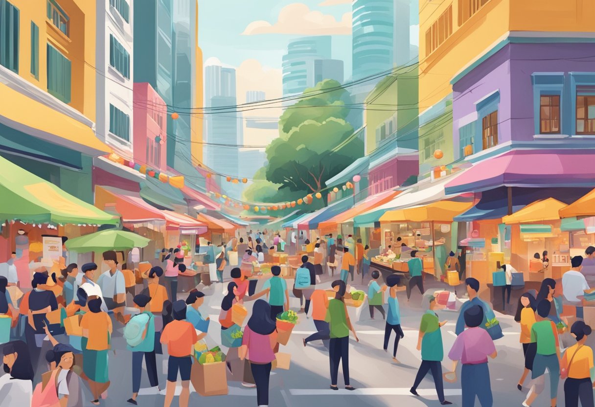 A bustling street in Singapore with colorful food stalls and a delivery rider from Food Panda navigating through the crowd