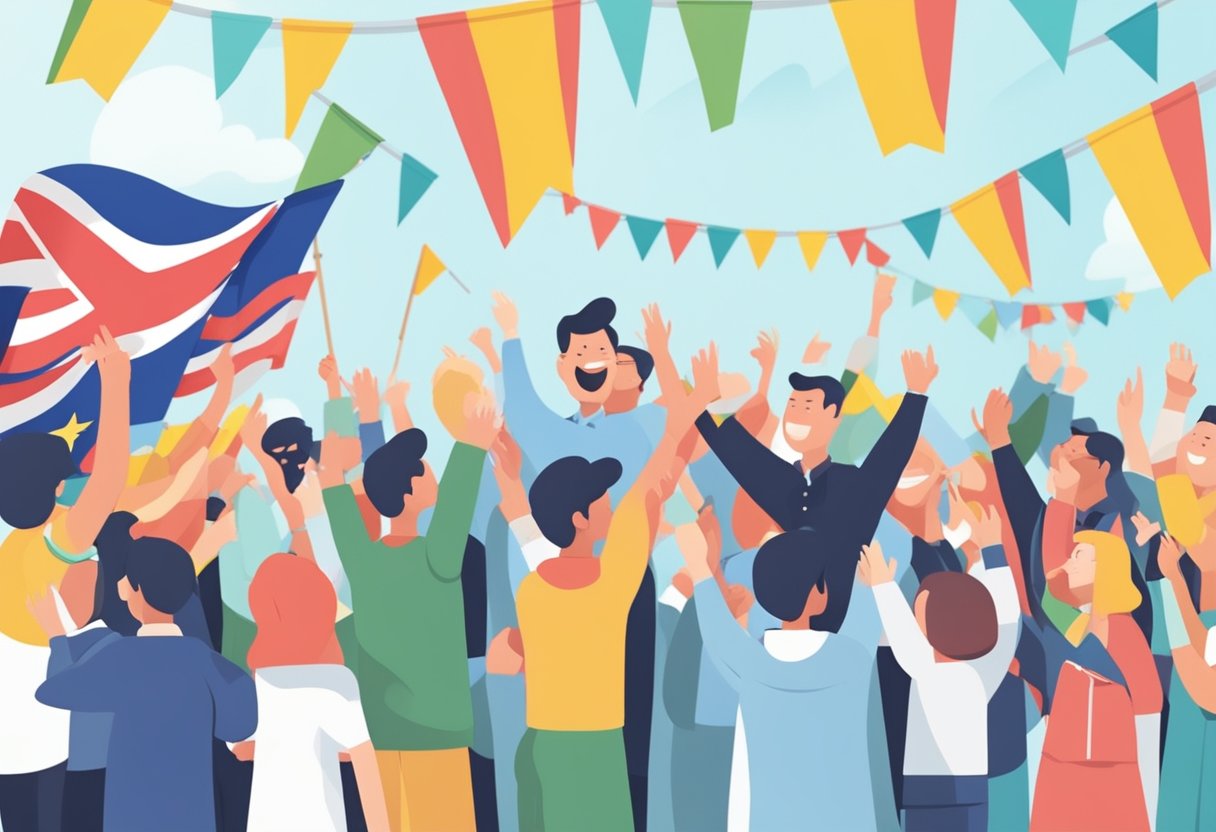 A crowd of people celebrating, waving flags and cheering in front of a large "Frequently Asked Questions triumph singapore" banner