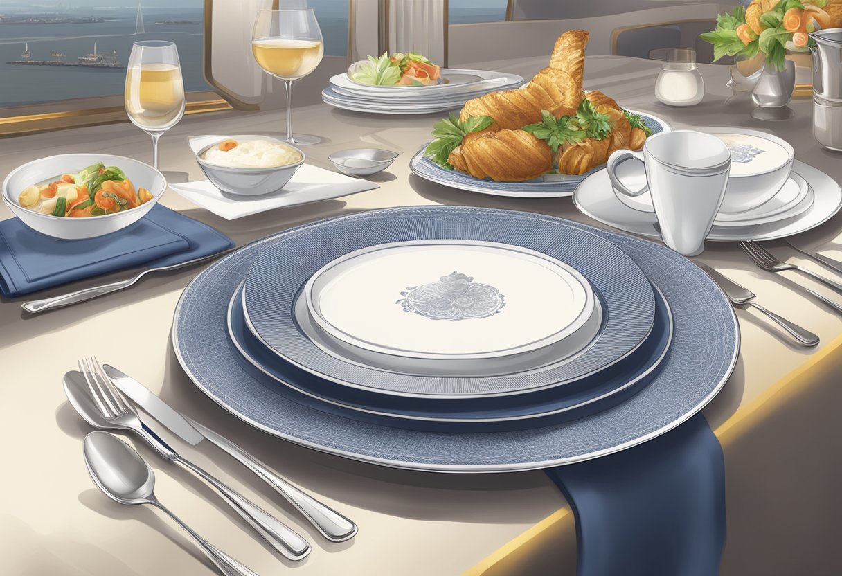 A table set with fine dining dishes and a menu, with the Singapore Airlines logo in the background