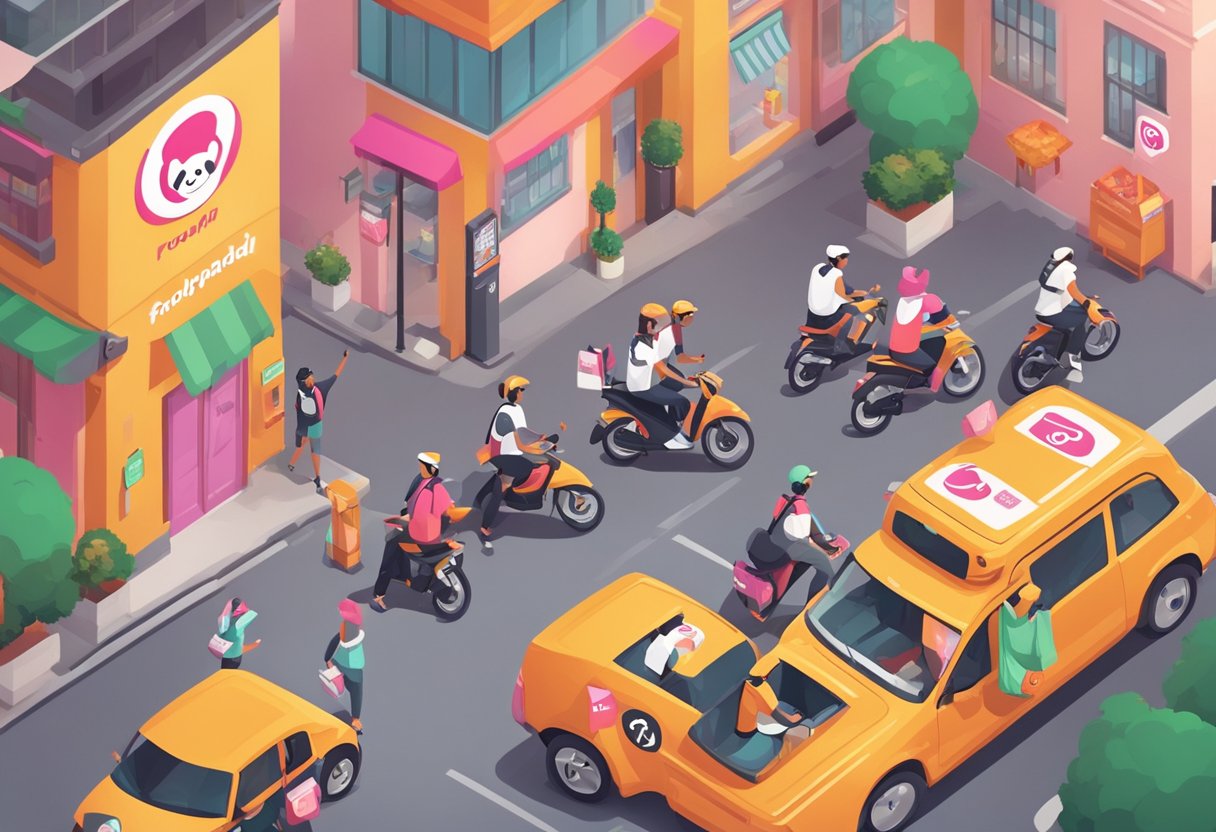 Customers eagerly select from a variety of cuisines on the Foodpanda app. Delivery riders zip through the city streets, carrying branded food bags