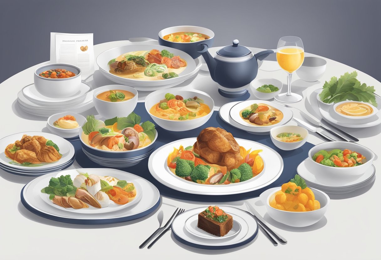 A table set with a colorful array of gourmet dishes, elegant cutlery, and a sleek menu showcasing the Culinary Delights Onboard Singapore Airlines Book the Cook program