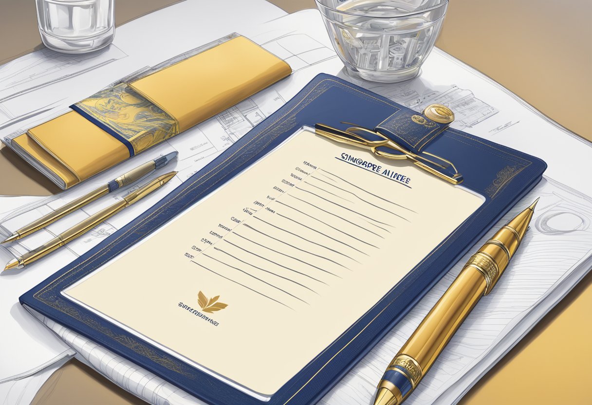 A table set with a menu, a pen, and a notepad, with a Singapore Airlines logo in the background