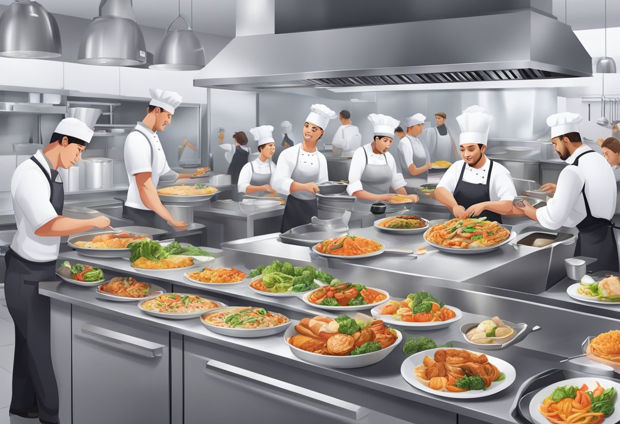 A bustling kitchen with chefs preparing a variety of dishes, while delivery riders gather their orders from the Foodpanda counter