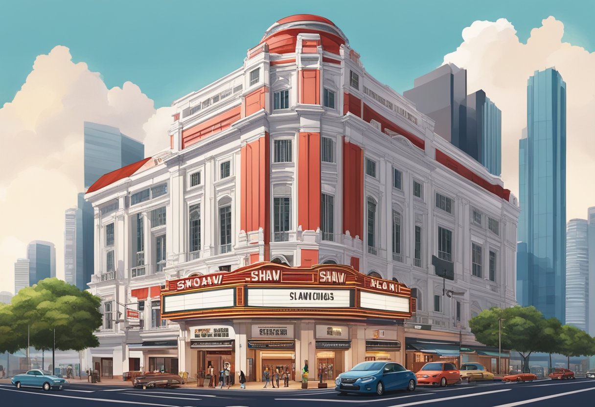 The iconic Shaw Cinema in Singapore stands tall with its distinctive red and white facade, surrounded by bustling city streets