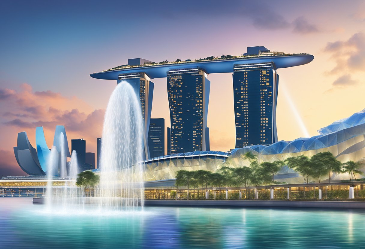 The iconic Marina Bay Sands stands tall against the backdrop of the Singapore skyline, with the Merlion statue spouting water in the foreground