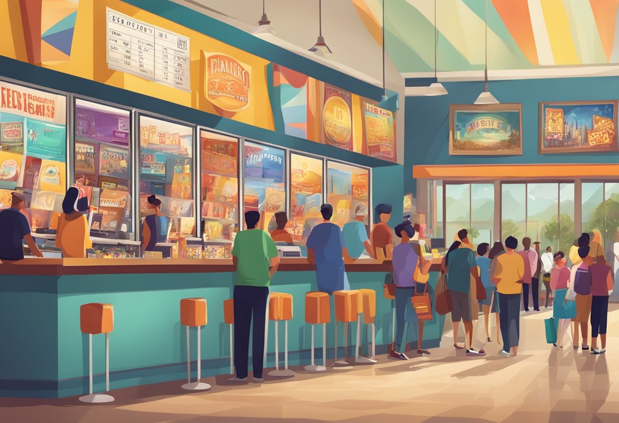 A bustling cinema lobby with colorful movie posters, popcorn stands, and ticket counters. Patrons line up for tickets, creating a lively atmosphere